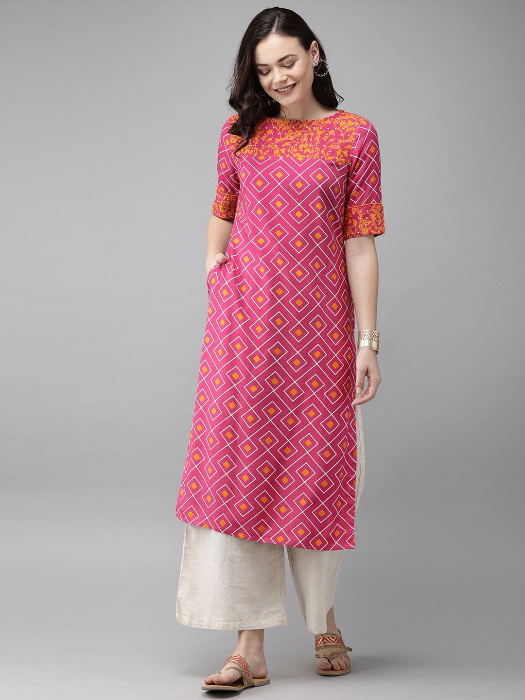Anouk X fwd Women Pink & Mustard Yellow Printed Straight Kurta - view 1