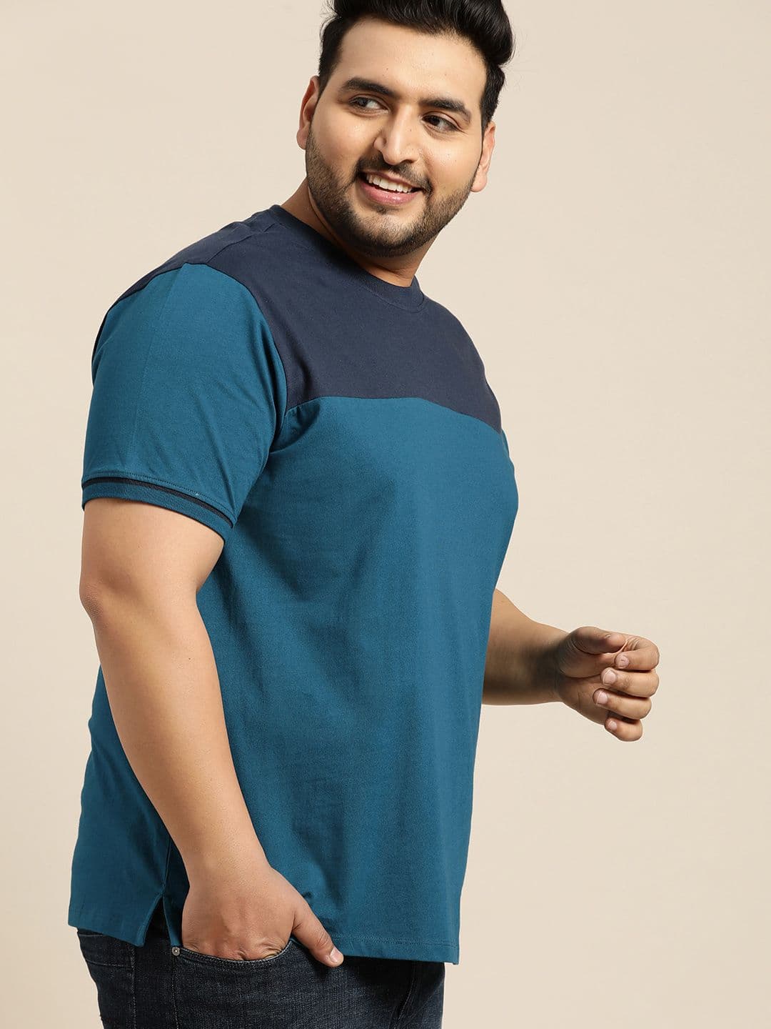 Sztori Plus Size Men Blue Colourblocked Round Neck Pure Cotton T-shirt - view 1