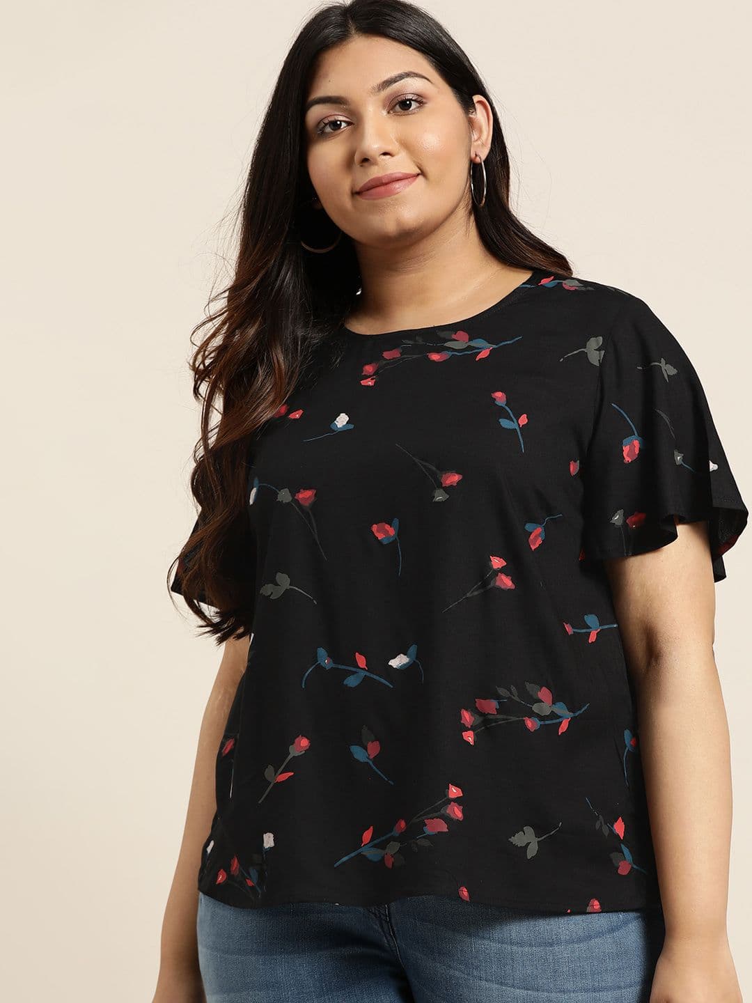 Sztori Plus Size Women Black Pink Printed Top - view 1