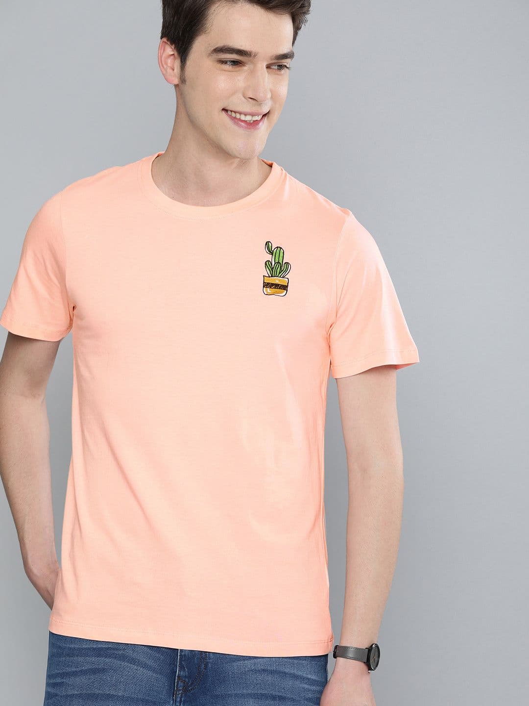 Mast & Harbour Mast Harbour Men Peach-Coloured Solid Round Neck Pure Cotton T-shirt - view 1