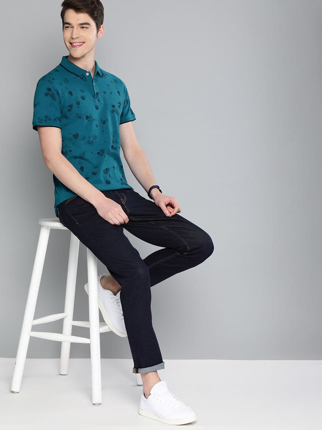 Mast & Harbour Mast Harbour Men Teal Printed Polo Collar Cotton T-shirt - view 1