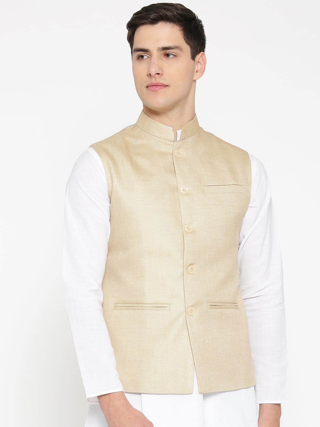 Badoliya & Sons Men Cream-Coloured Solid Nehru Jacket - view 1