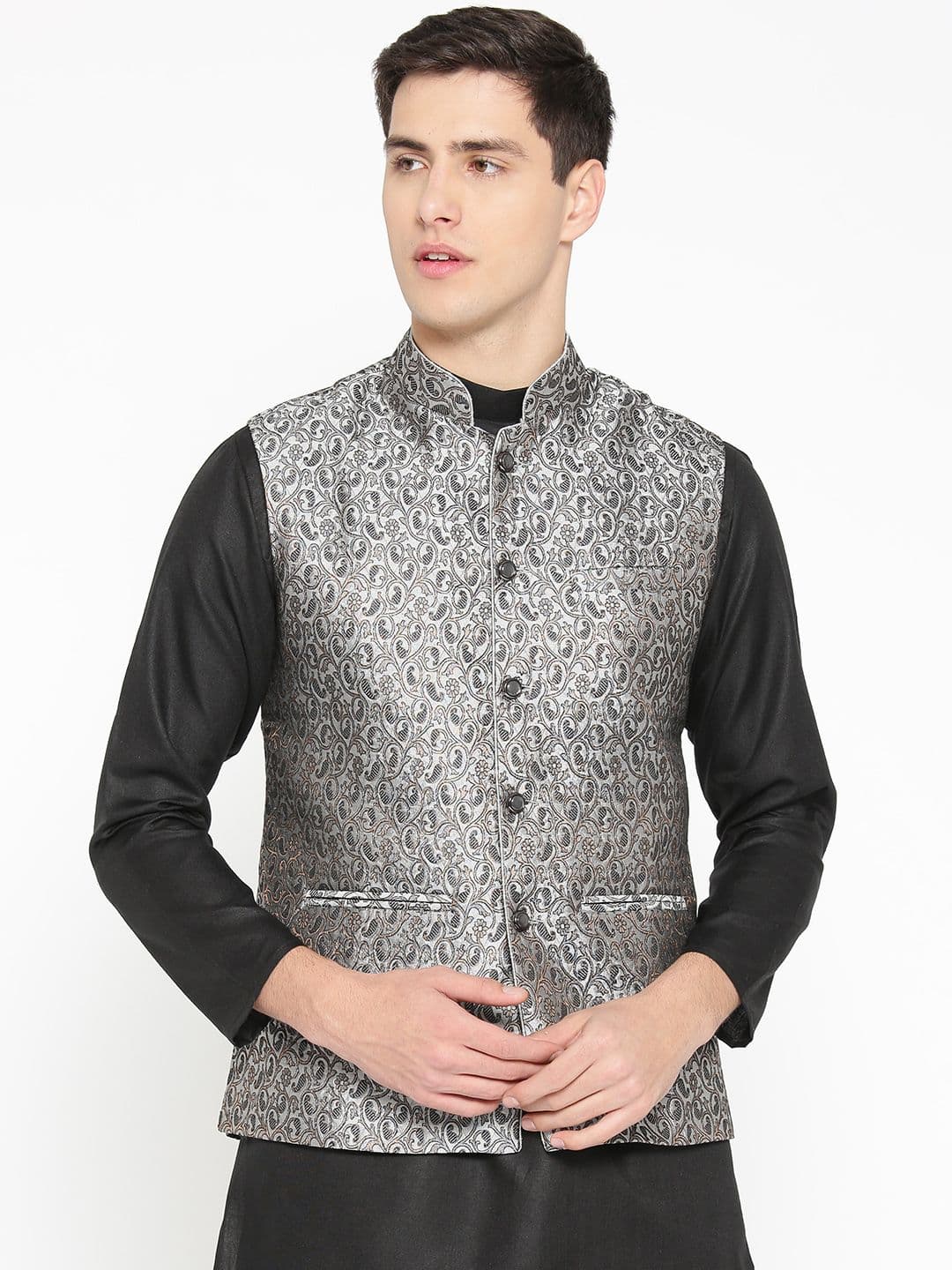 Badoliya & Sons Men Grey & Black Zari Woven Design Nehru Jacket - view 1