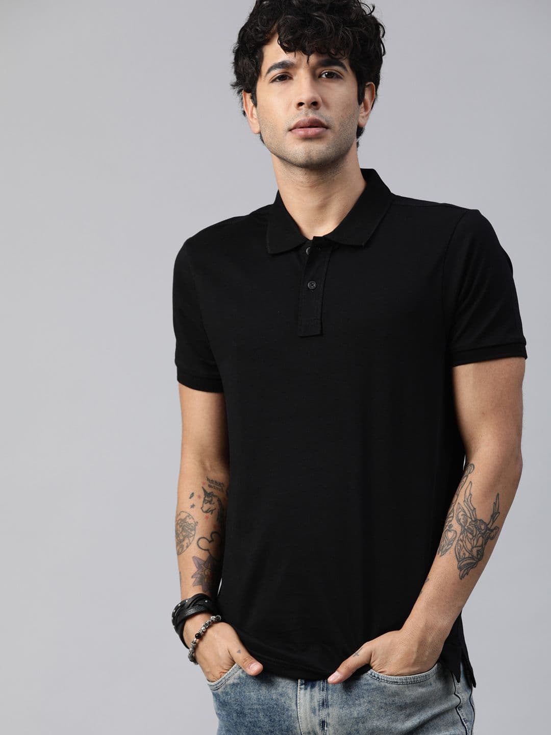 The Roadster Lifestyle Co Men Black Polo Collar Cotton Cotton T-shirt - view 1