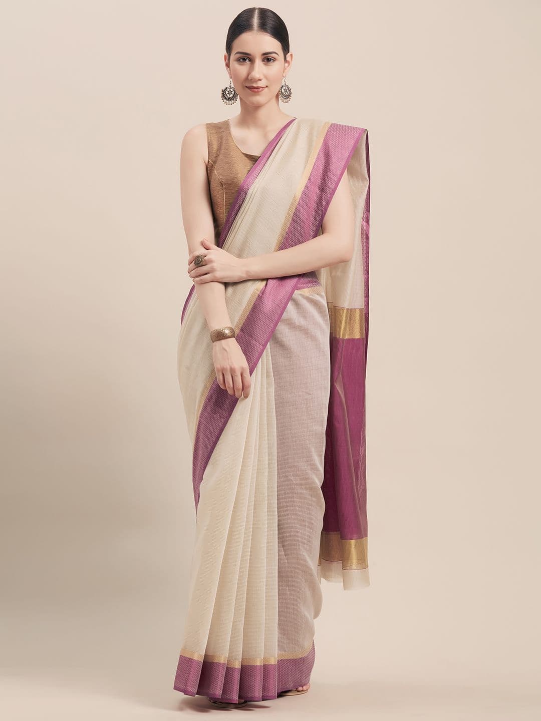 Rajnandini Beige & Purple Cotton Blend Woven Design Saree - view 1
