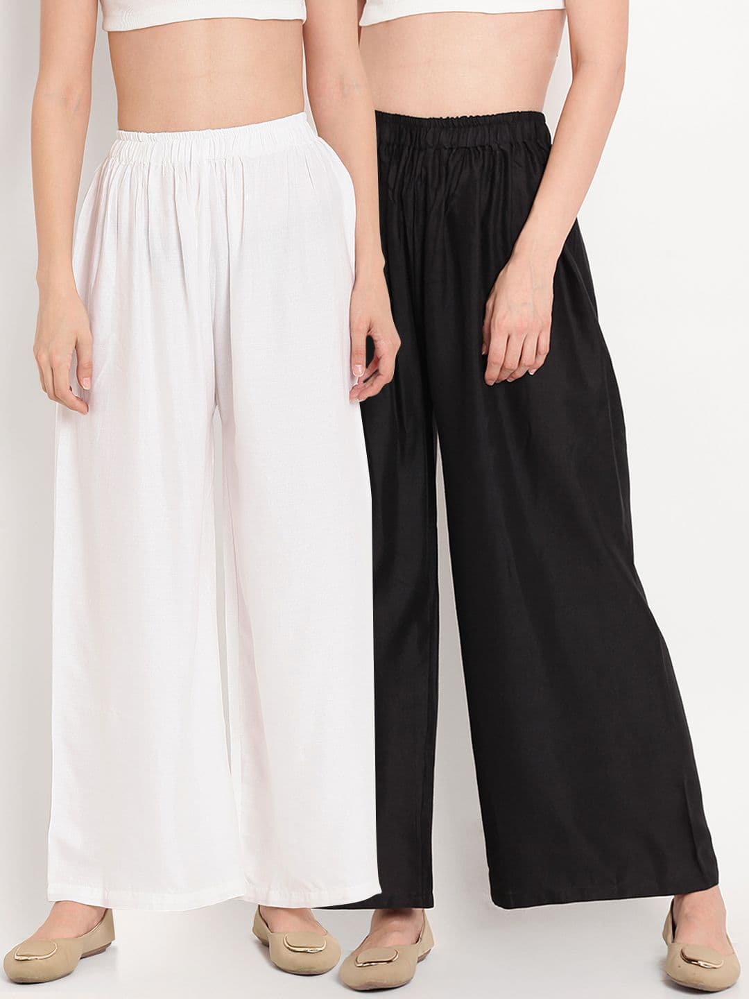 TAG 7 Women Pack Of 2 White & Black Solid Flared Palazzos - view 1