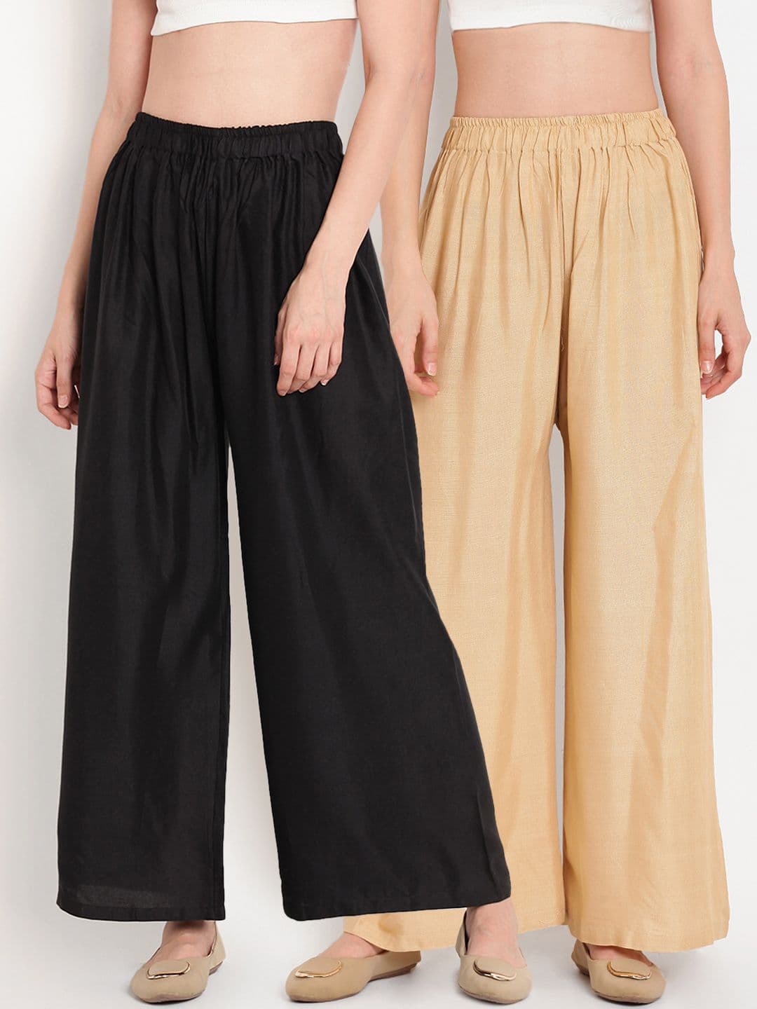 TAG 7 Women Pack Of 2 Black & Beige Solid Flared Palazzos - view 1