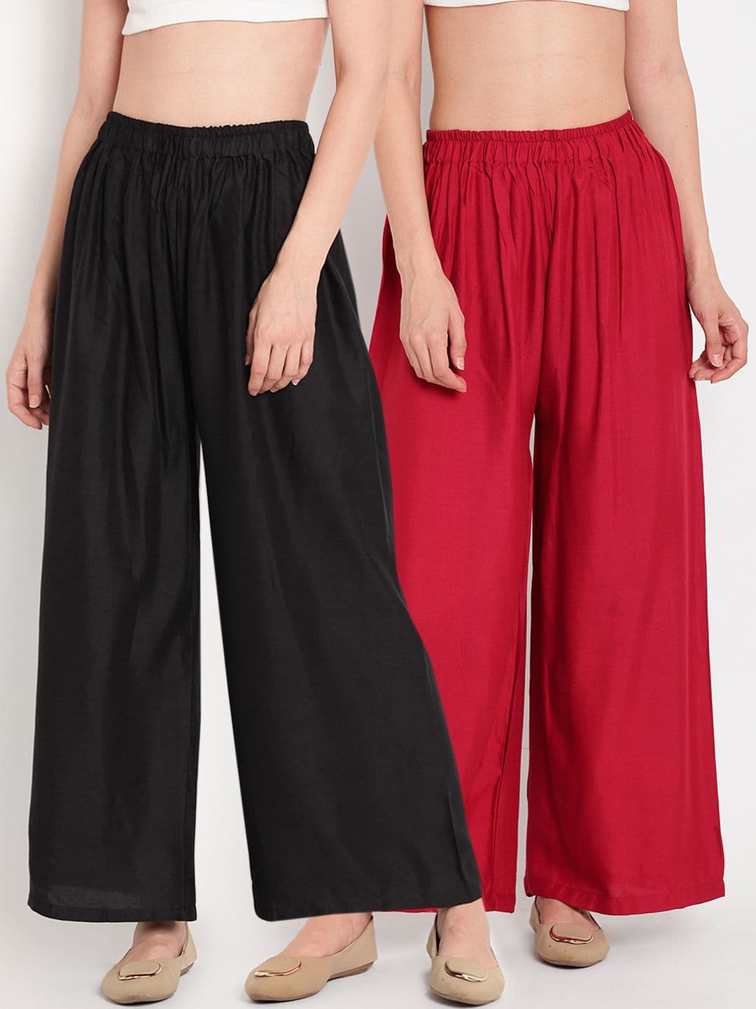 TAG 7 Women Pack Of 2 Black & Maroon Solid Flared Palazzos - view 1