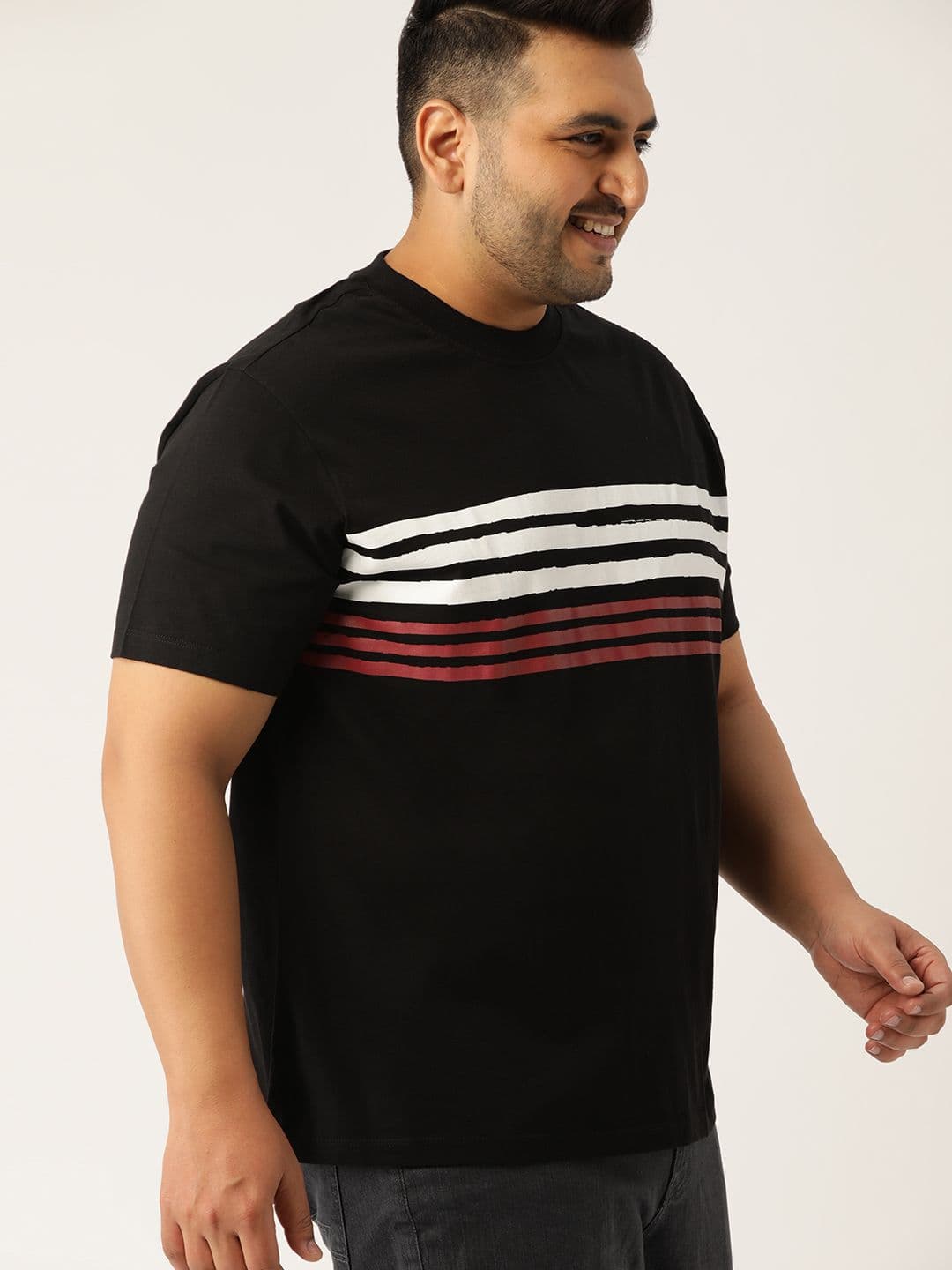 Sztori Plus Size Men Black White Striped Round Neck Pure Cotton T-shirt - view 1