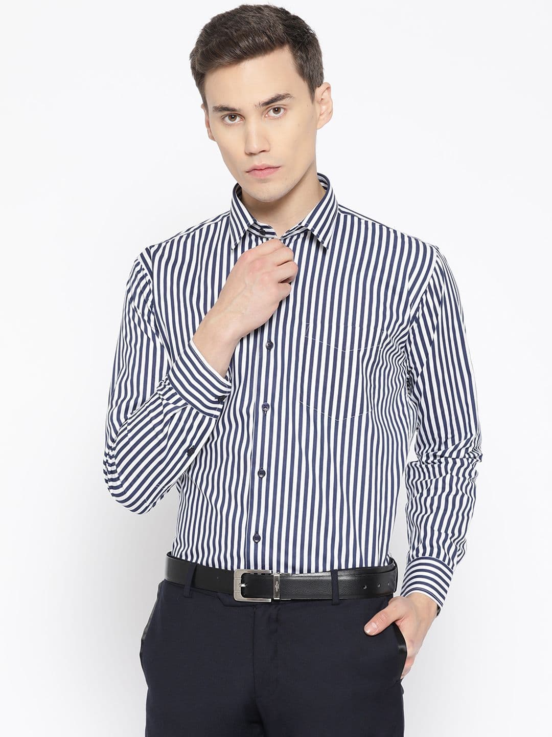 Hancock Men White & Navy Slim Fit Striped Formal Shirt - view 1