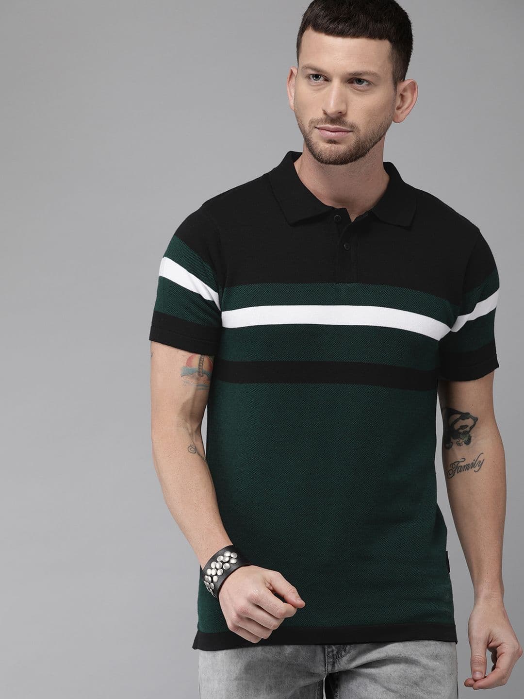 Roadster Men Teal Green Black Striped Polo Collar Pure Cotton T-shirt - view 1