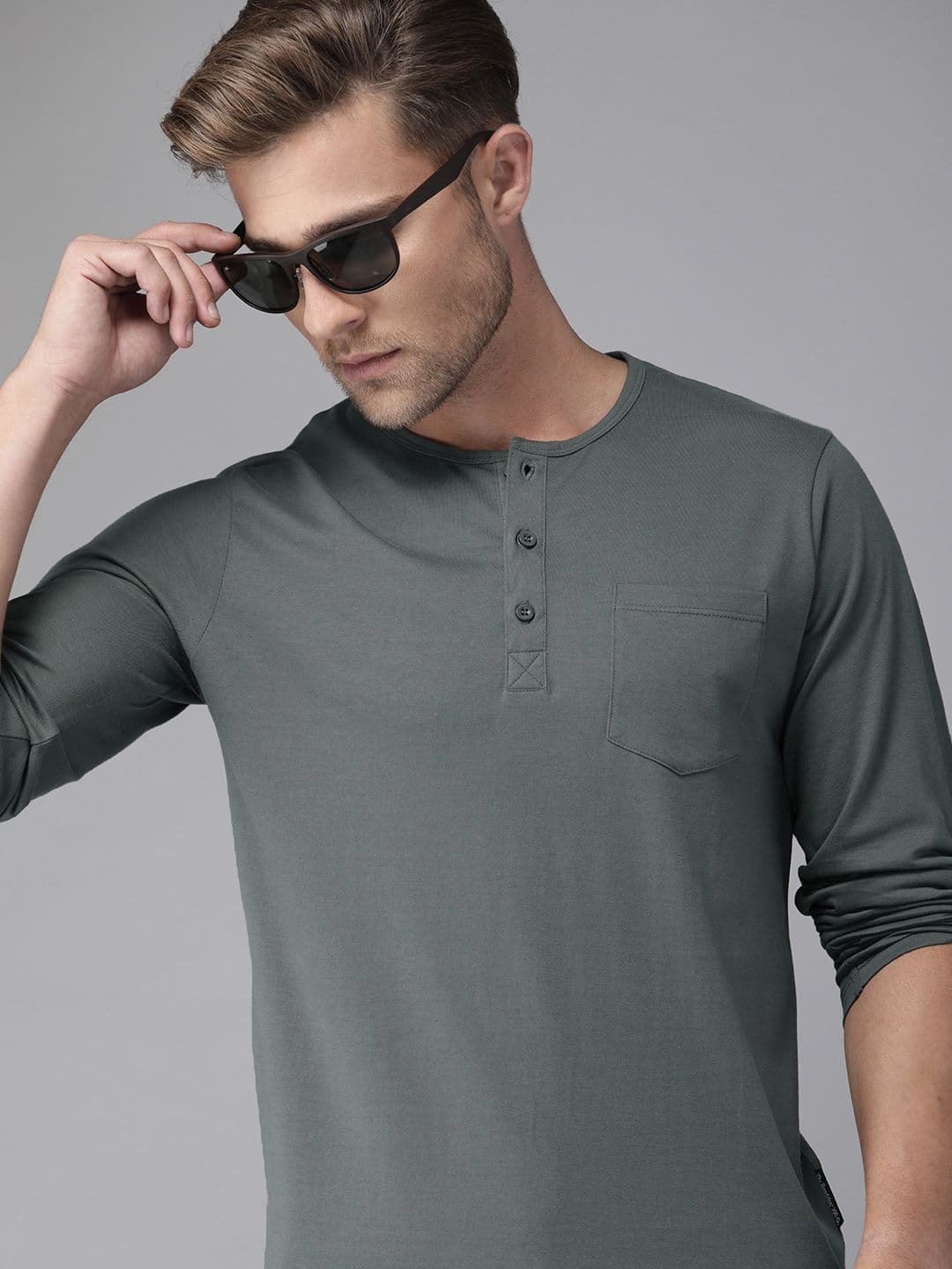 Roadster Men Grey Solid Henley Neck Pure Cotton T-shirt With Roll-Up Sleeves - view 1