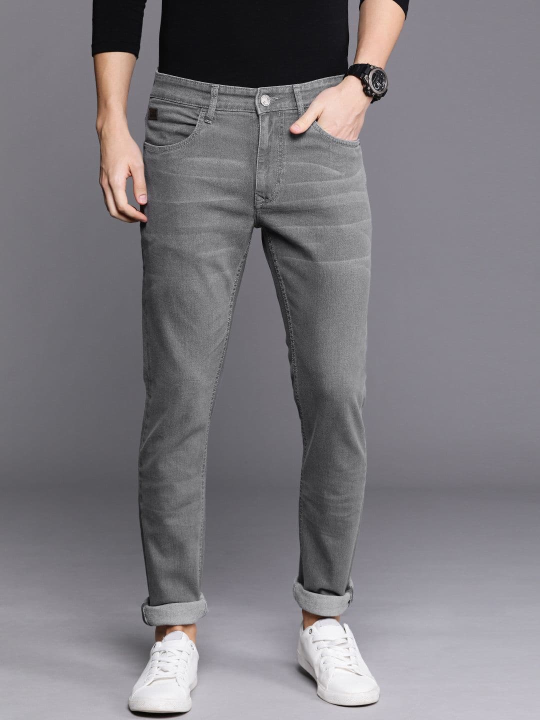 WROGN Men Grey Slim Fit Mid-Rise Clean Look Stretchable Jeans - view 1