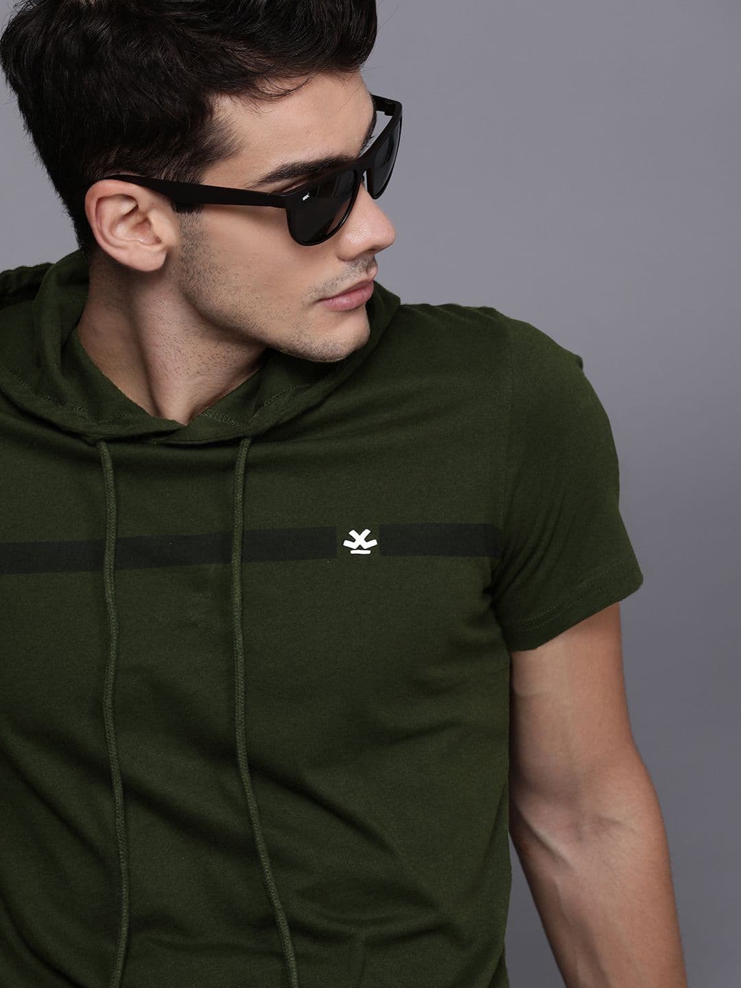 WROGN Men Olive Green Slim Fit Solid Hooded Cotton T-shirt - view 1