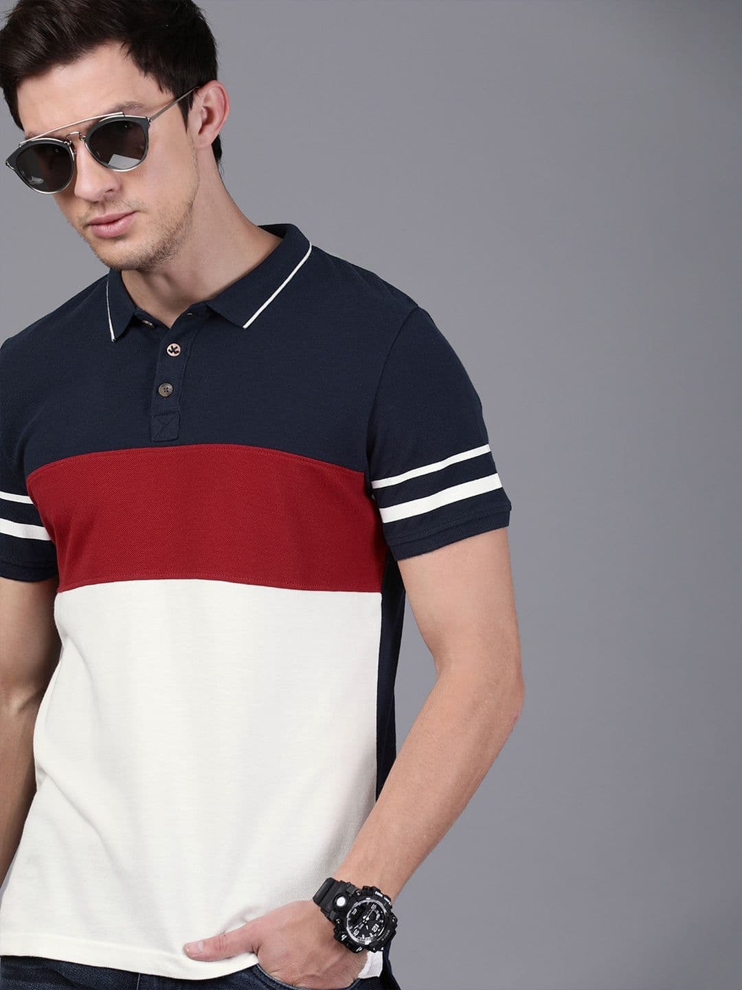 WROGN Men Navy Blue Red Slim Fit Colourblocked Polo Collar Cotton T-shirt - view 1