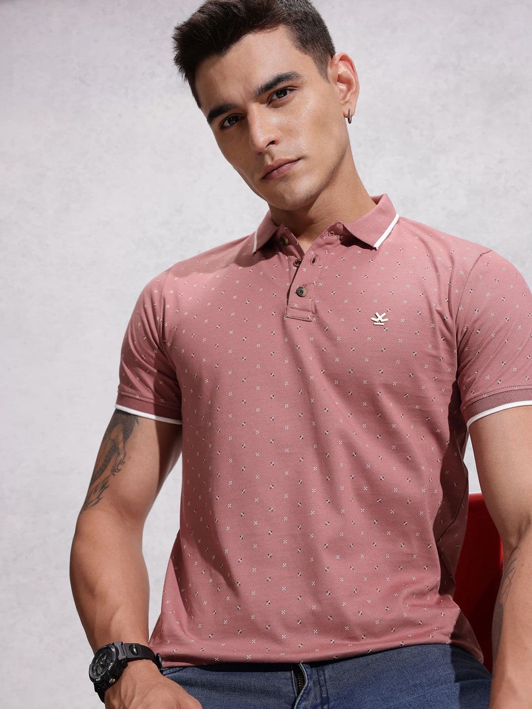 WROGN Geometric Printed Polo Collar Cotton Slim Fit T-shirt - view 1