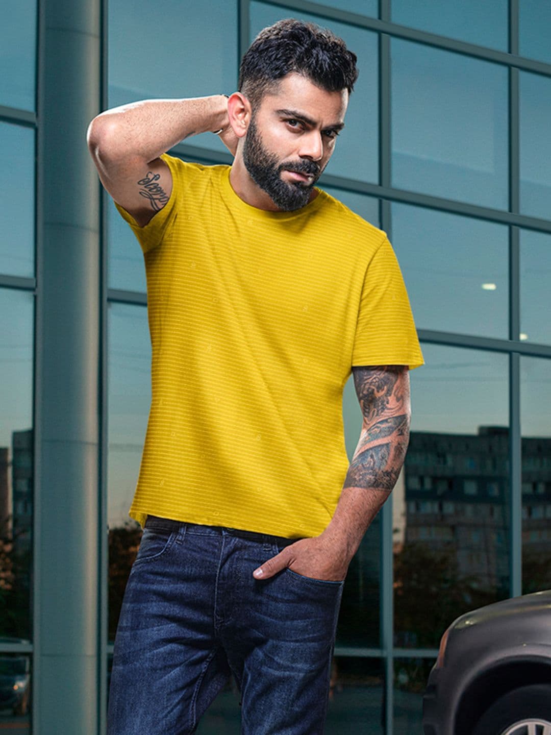 WROGN Men Mustard Yellow Striped Cotton Pure Cotton T-shirt - view 1
