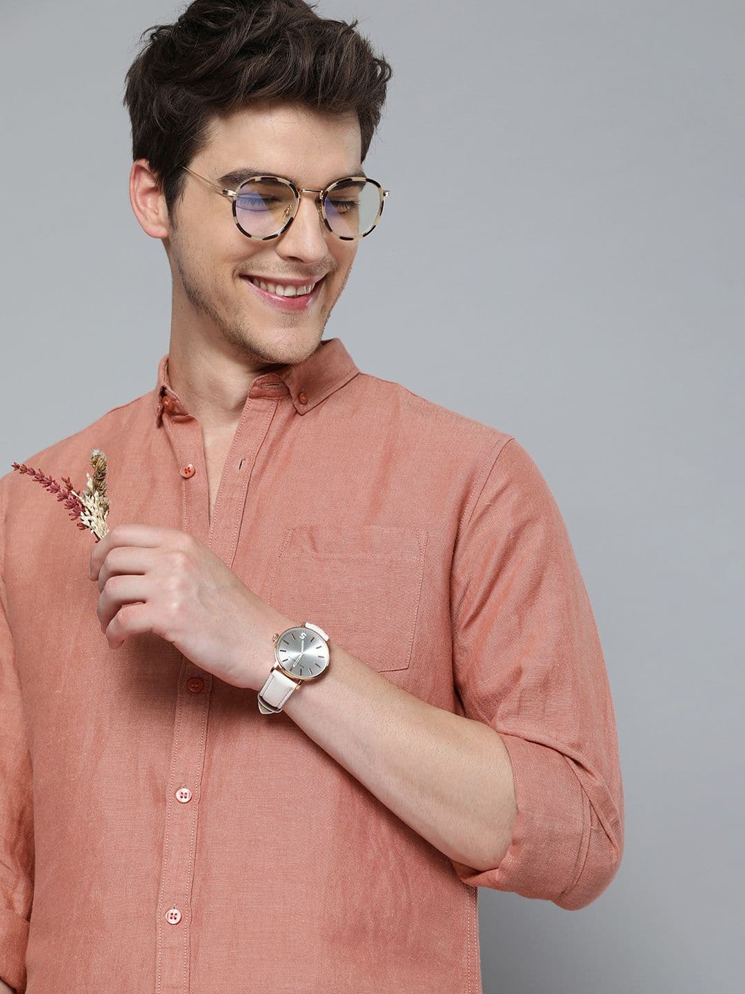 Mast & Harbour Men Rust Pink Regular Fit Solid Casual Linen Cotton Shirt - view 1
