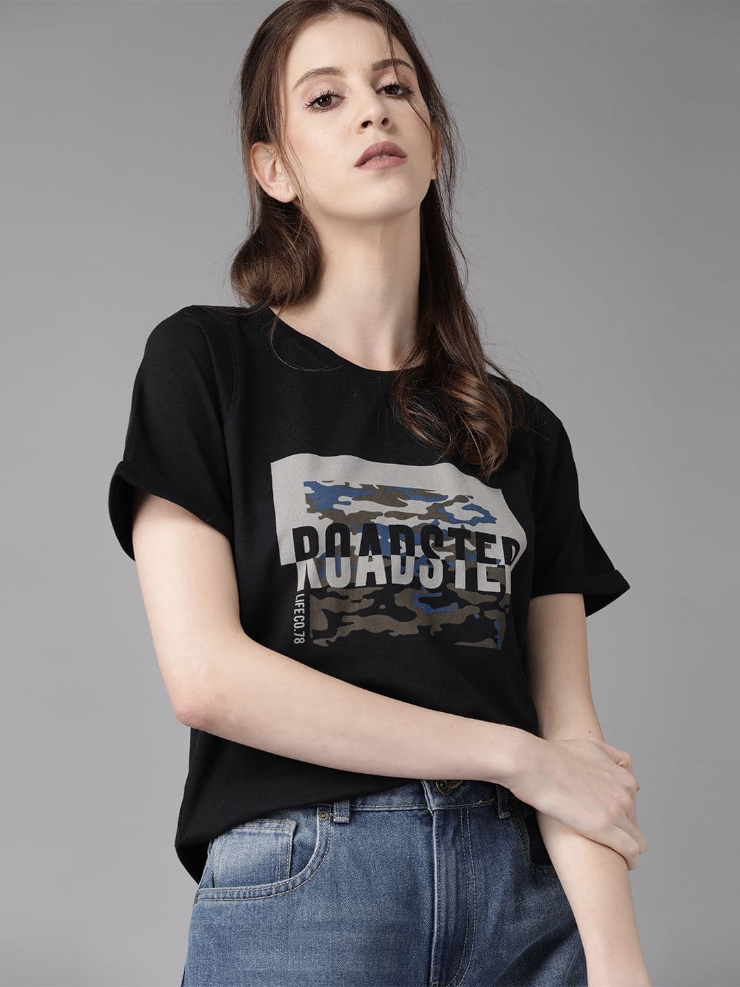 Roadster Women Black & Grey Printed Round Neck T-shirt - view 1