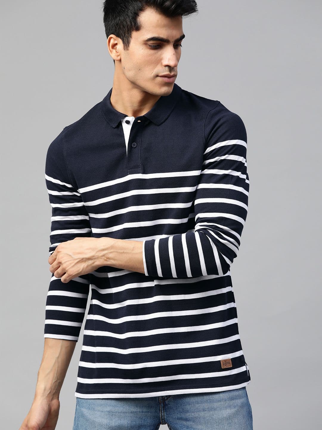 Roadster Men Navy Blue White Striped Polo Collar Cotton T-shirt - view 1