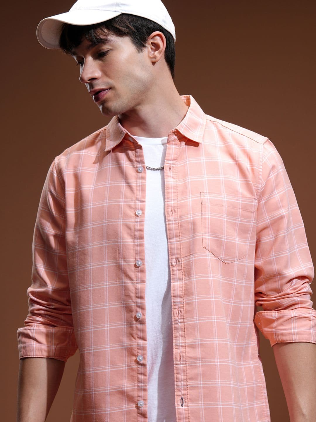 HIGHLANDER Men Peach-Coloured & White Slim Fit Checked Casual Shirt - view 1
