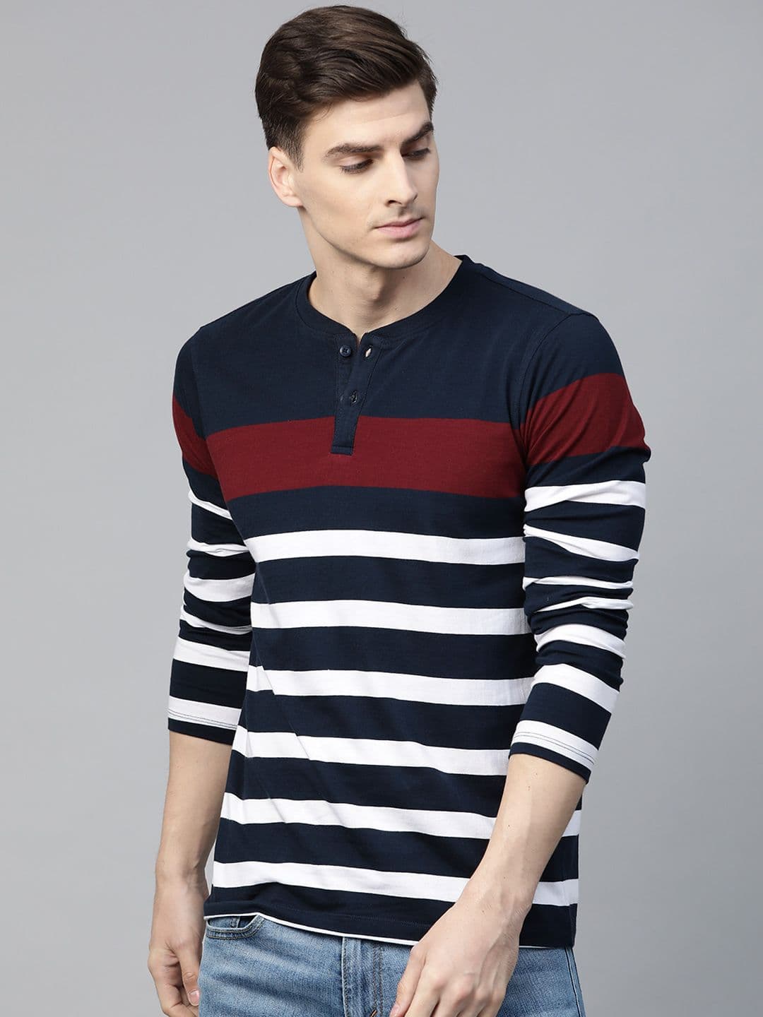 Roadster Men Navy Blue & White Striped Henley Neck T-shirt - view 1