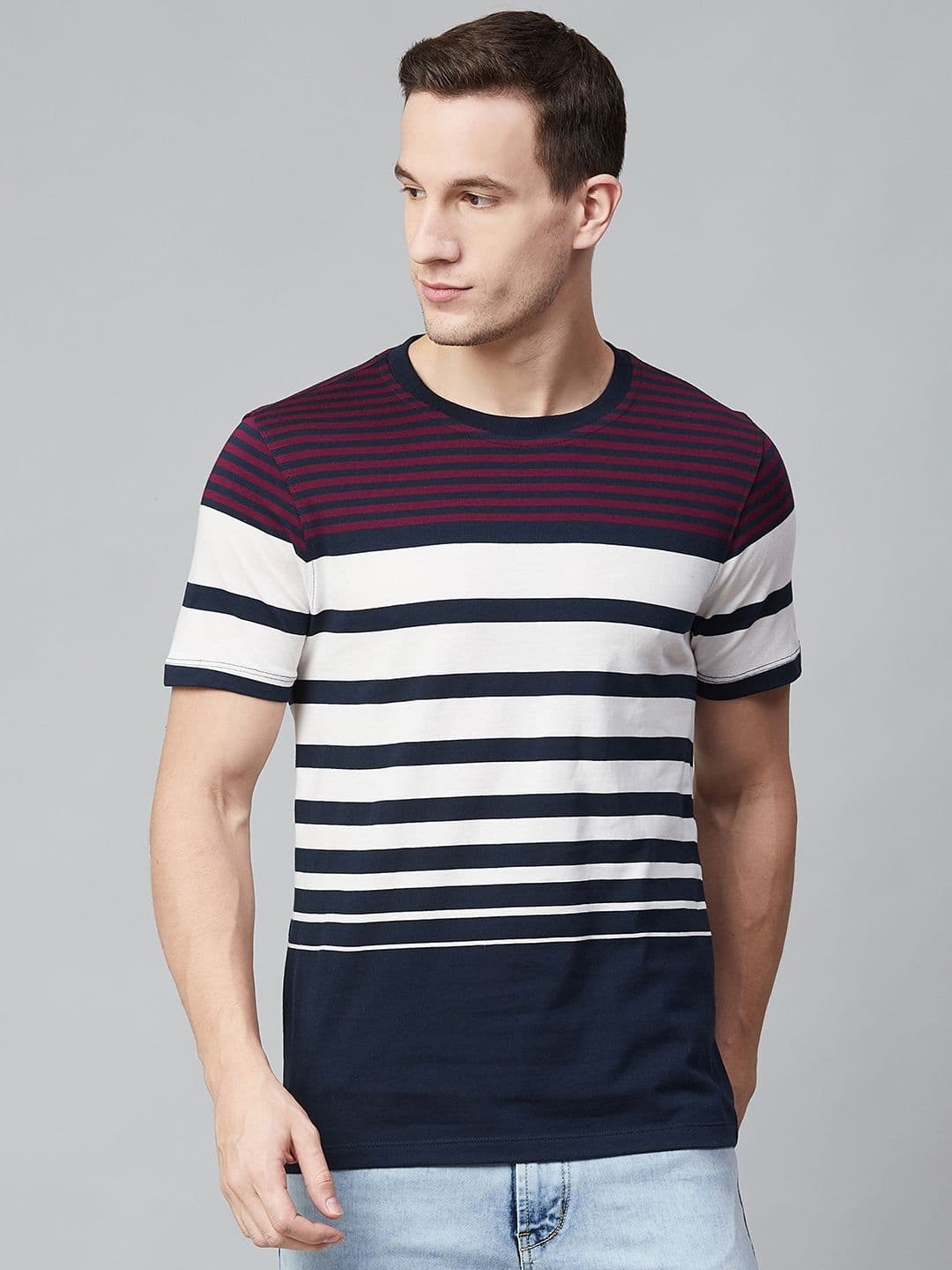 Roadster Men White & Navy Blue Striped T-Shirt - view 1