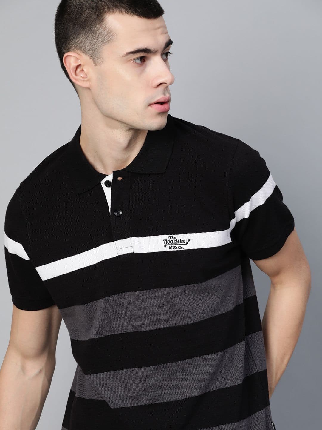 Roadster Men Black Charcoal Grey Striped Polo Collar Pure Cotton T-shirt - view 1