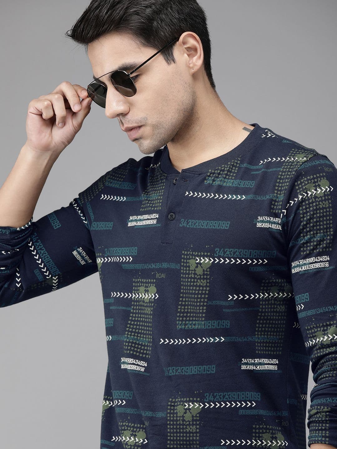 Roadster Men Navy Blue Printed Henley Neck Pure Cotton T-shirt - view 1