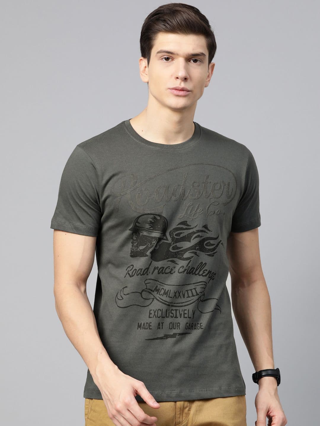 Roadster Men Charcoal Grey Printed Round Neck T-shirt - view 1