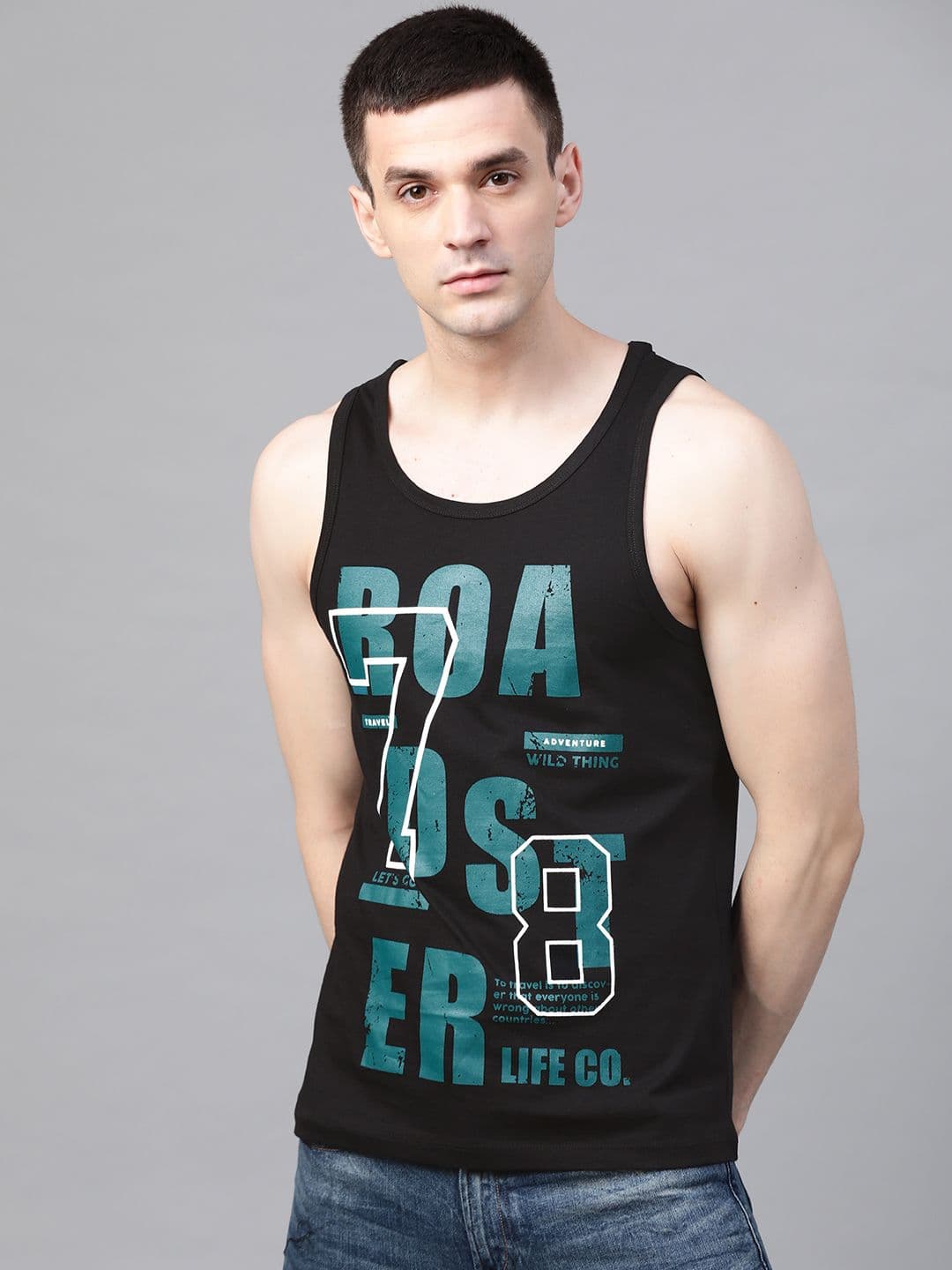 Roadster Men Black & Greeb Printed Sleeveless Round Neck T-shirt - view 1