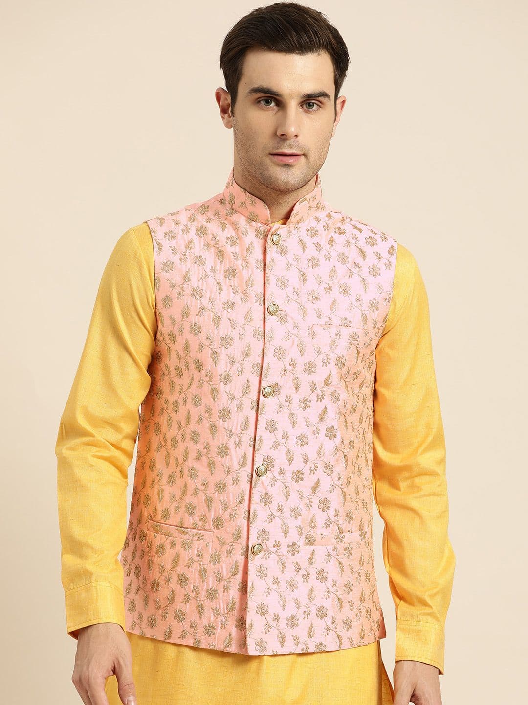 SOJANYA Men Peach-Coloured & Golden Embroidered Nehru Jacket - view 1