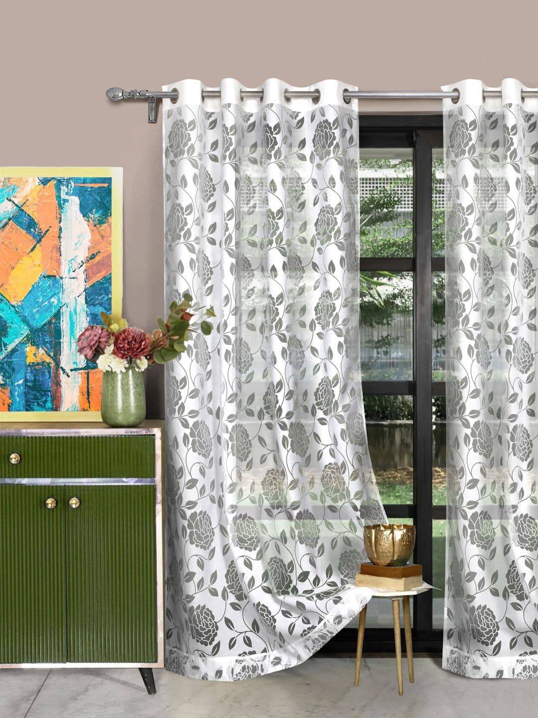 ROSARA HOME White Set of 2 Floral Sheer Long Door Curtains - view 1