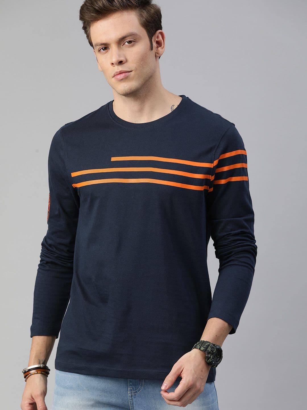Roadster Men Navy Blue & Orange Striped Round Neck T-shirt - view 1