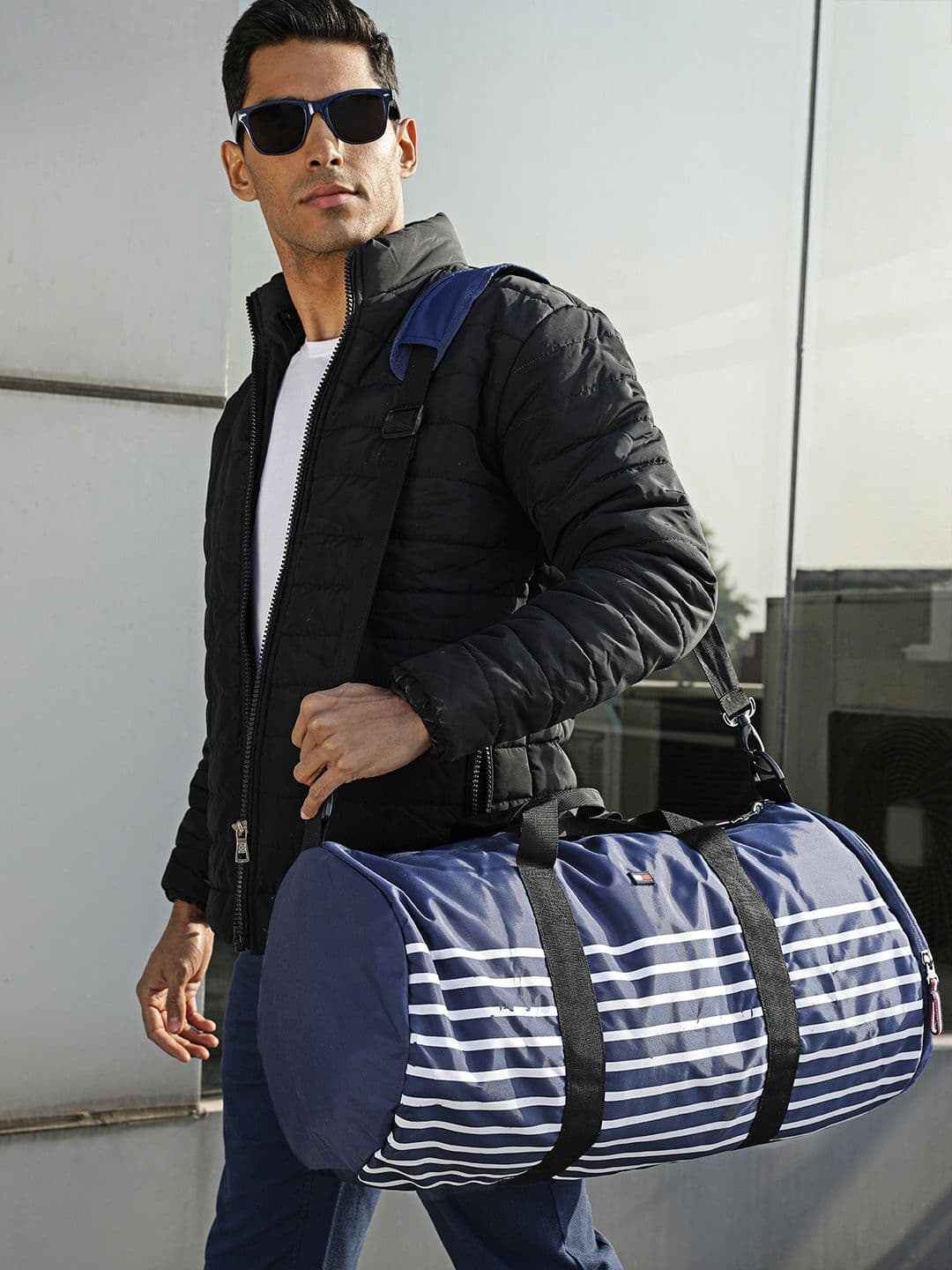 Tommy Hilfiger Unisex Navy Blue & White Striped Duffel Bag - view 1