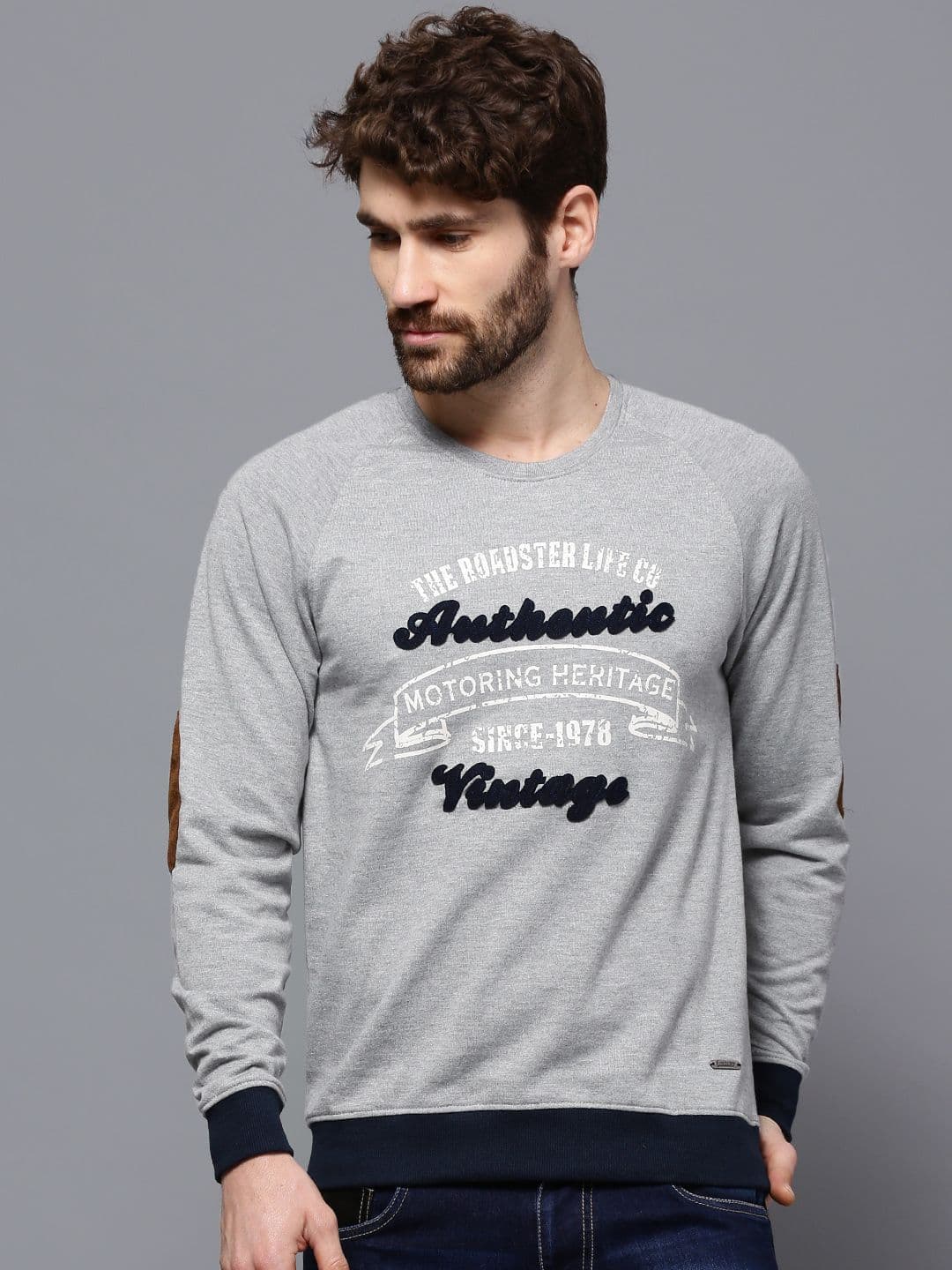 Roadster Grey Melange Flock Print T-shirt with Elbow Patch - view 1