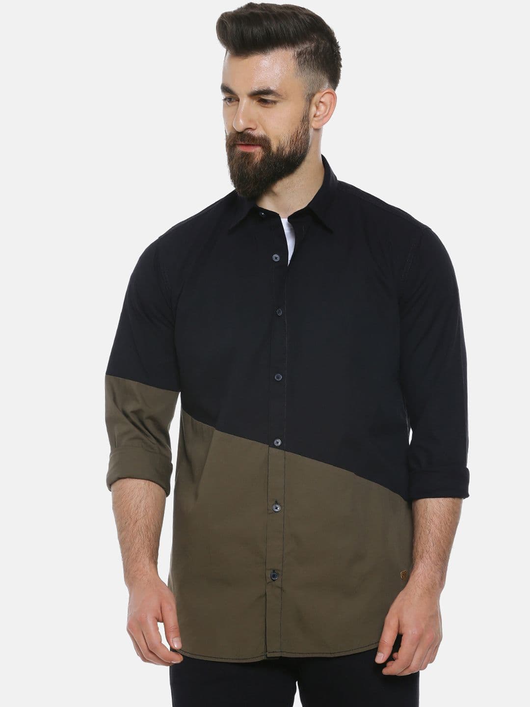 CAHOOT Men Black & Olive Brown Regular Fit Colourblocked Casual Shirt - view 1