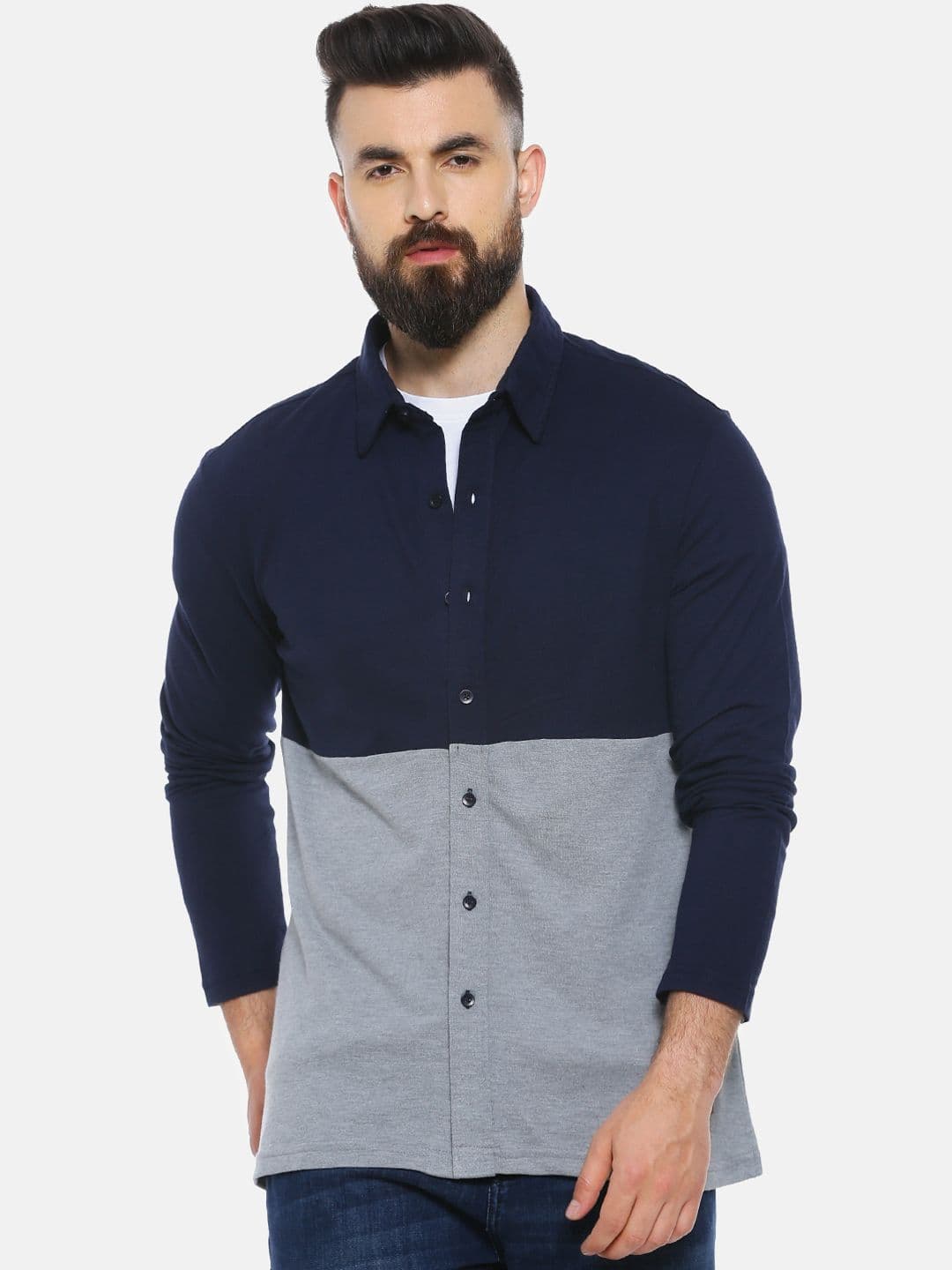 CAHOOT Men Navy Blue & Grey Regular Fit Colourblocked Casual Shirt - view 1