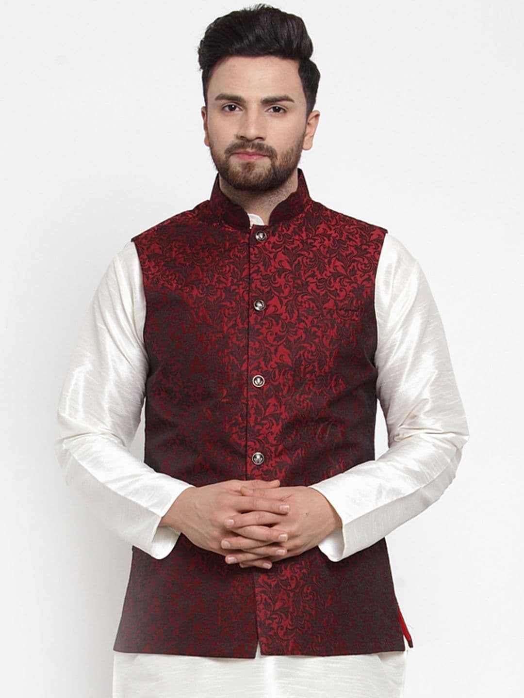 Jompers Men Maroon Floral Woven Design Nehru Jacket - view 1