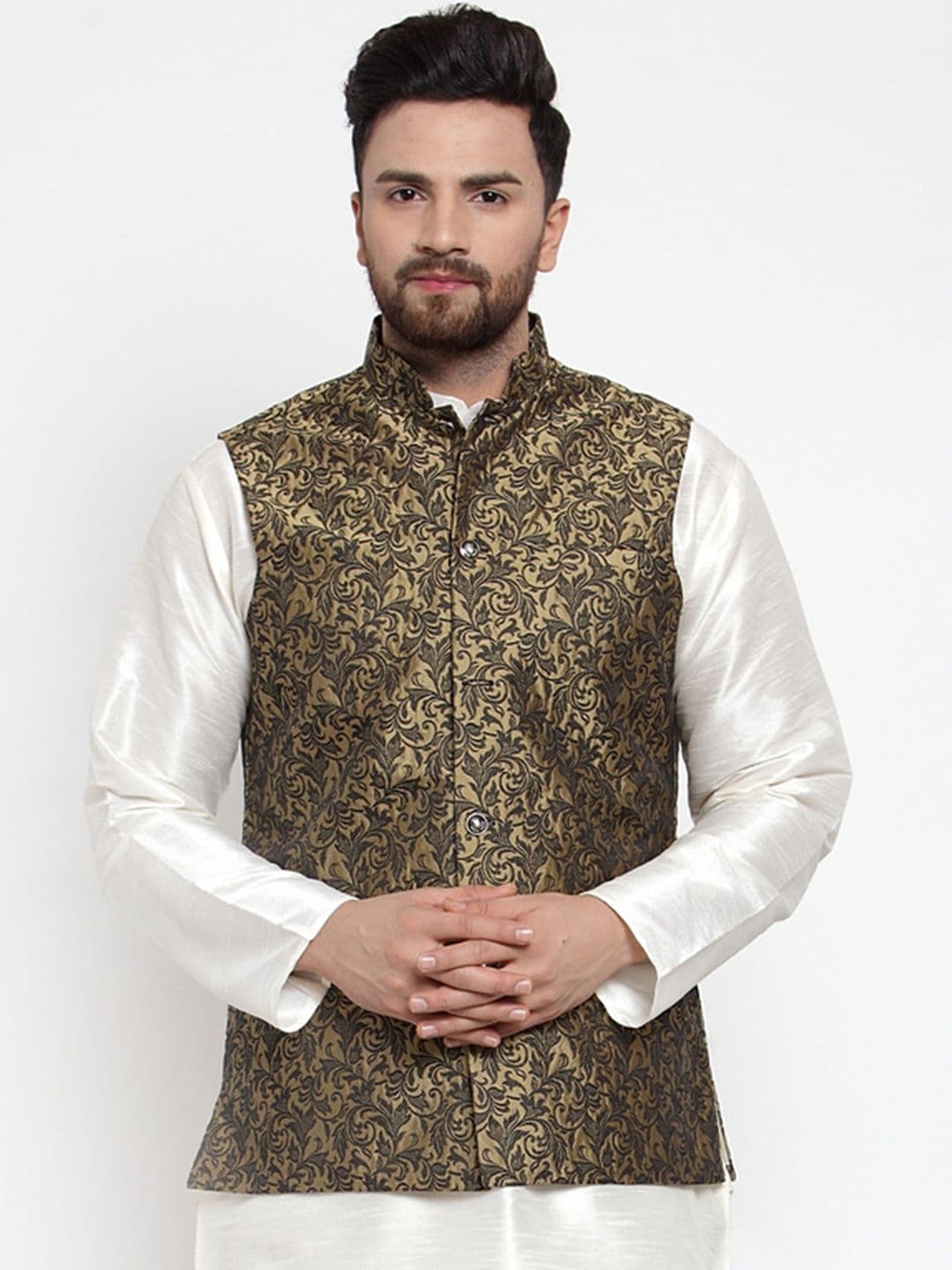 Jompers Men Gold-Coloured & Black Woven Design Nehru Jacket - view 1