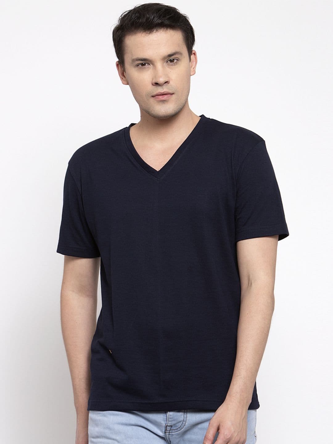 Friskers Men Navy Blue Solid V-Neck T-shirt - view 1