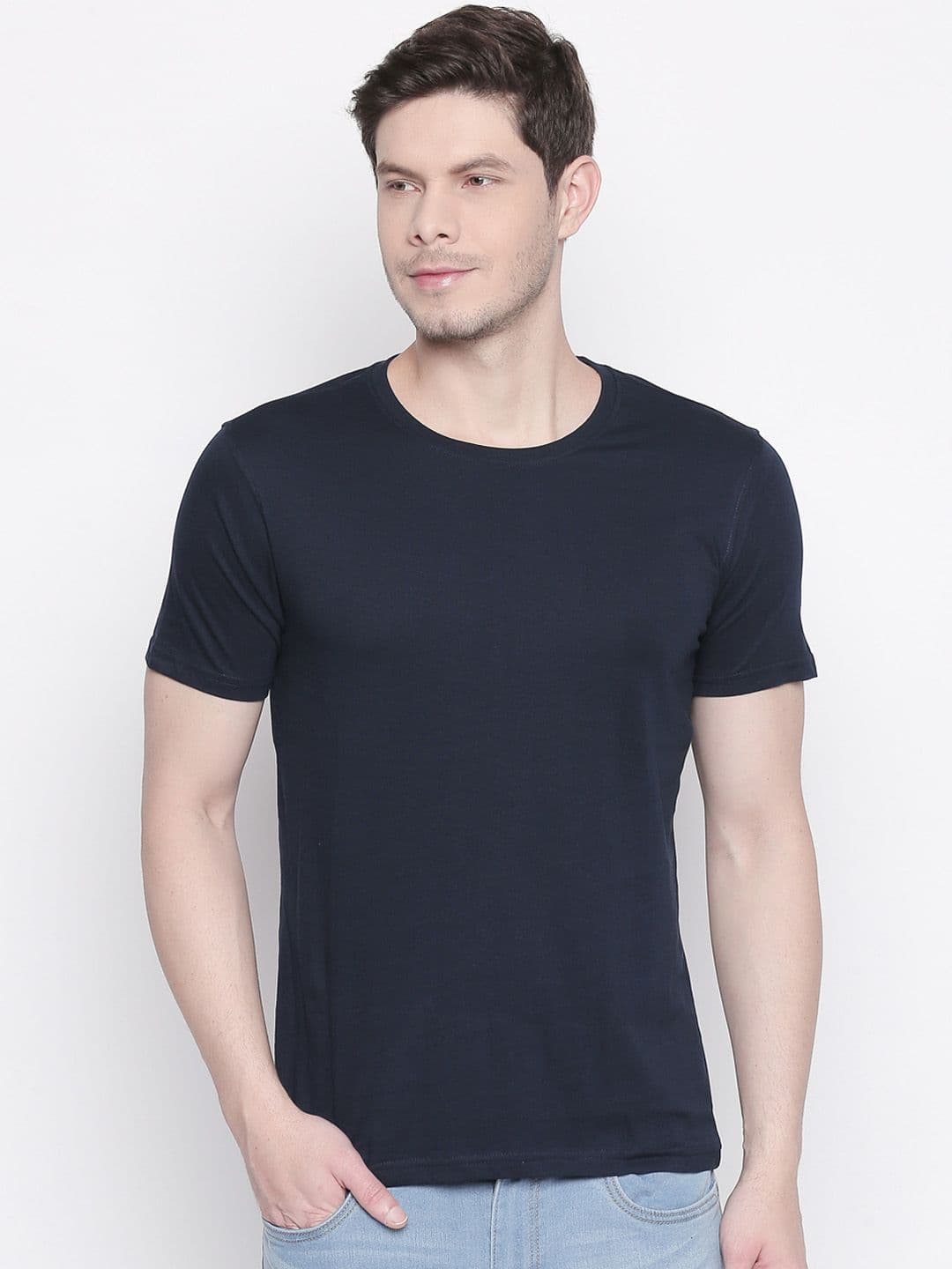 BYFORD by Pantaloons Men Navy Blue Solid Round Neck Pure Cotton T-shirt - view 1