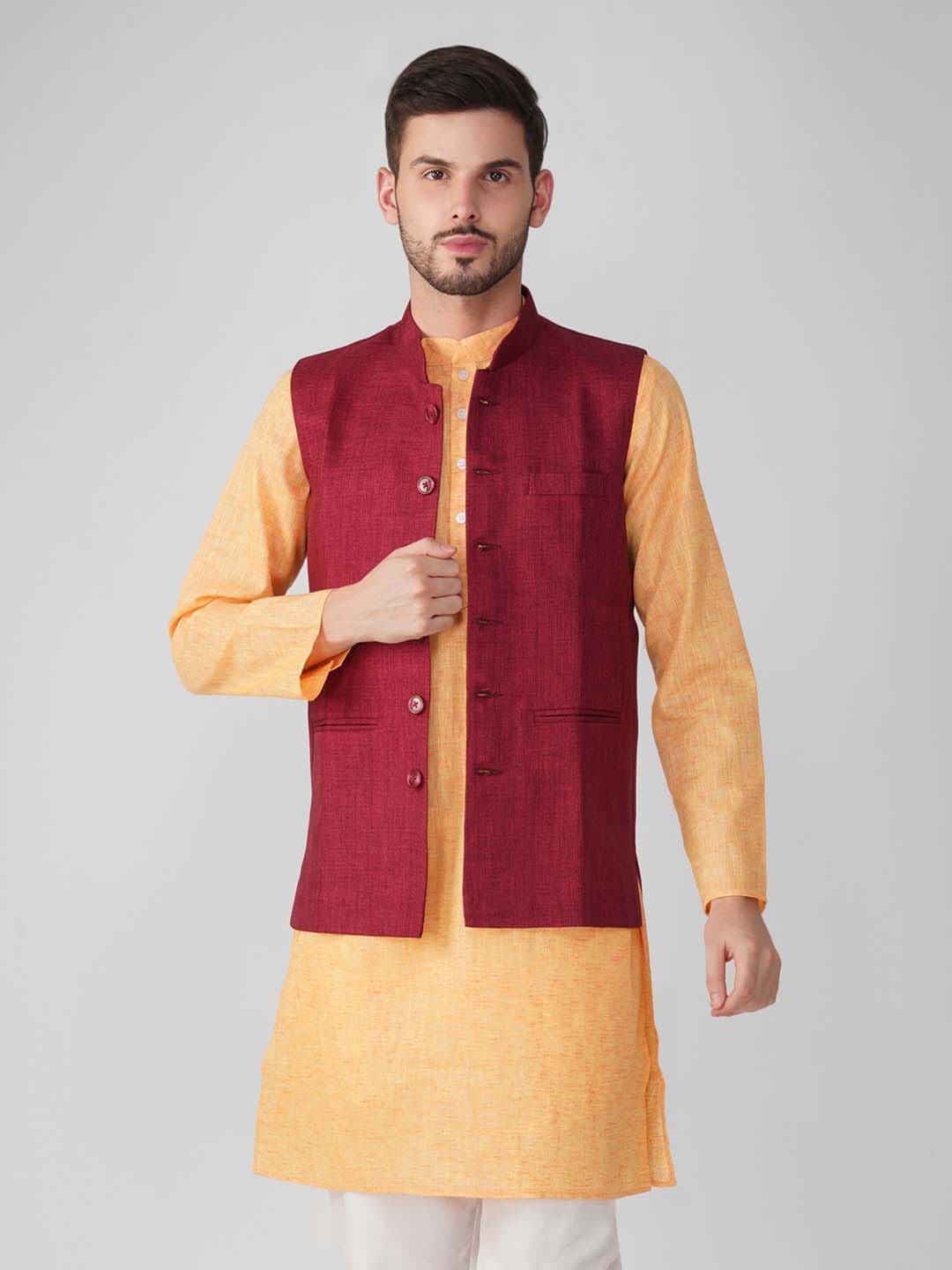 Vastraa Fusion Men Maroon Solid Woven Nehru Jacket - view 1