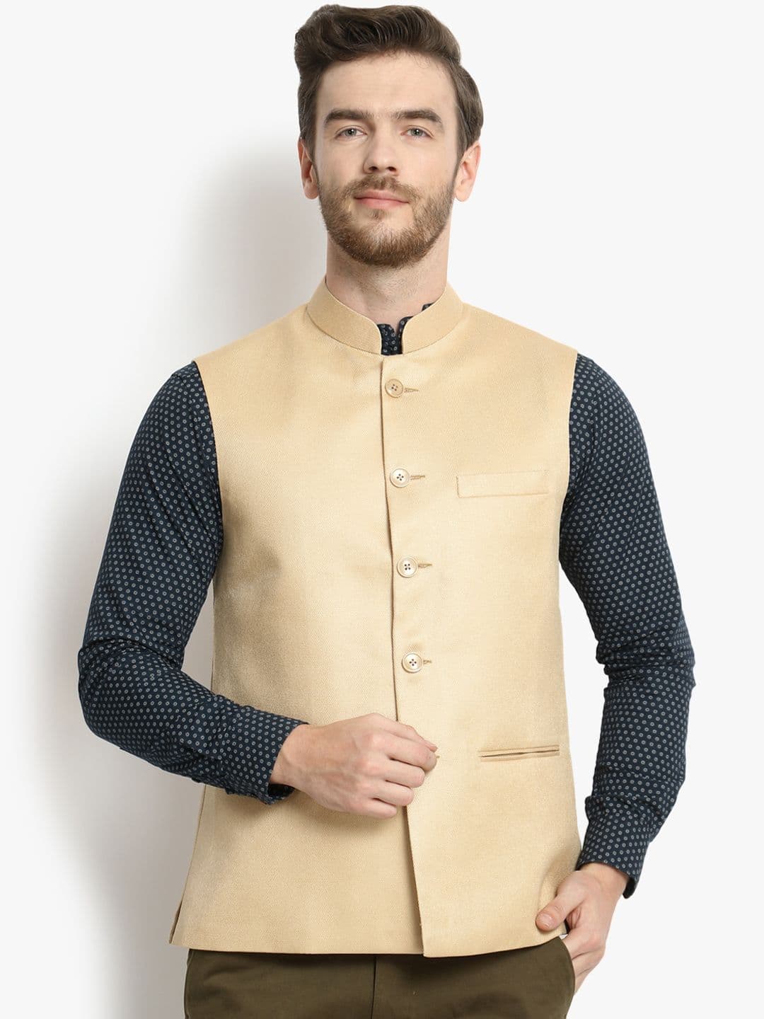 Vastraa Fusion Men Beige Solid Woven Nehru Jacket - view 1