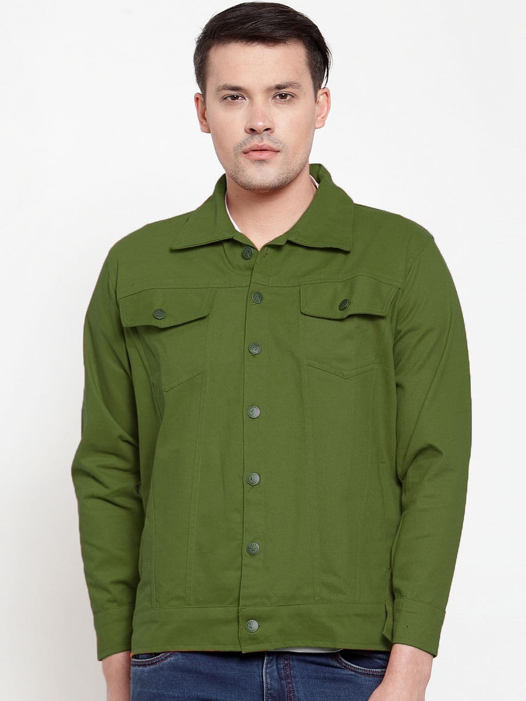 VOXATI Men Olive Green Solid Denim Jacket - view 1