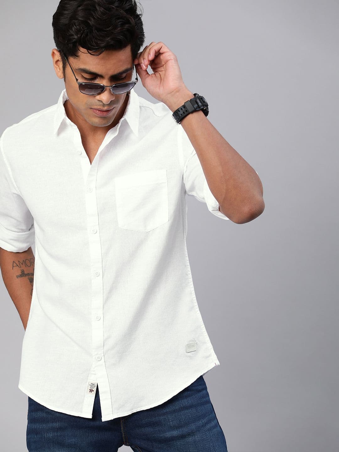 Roadster Men White Cotton Linen Casual Shirt With Roll-Up Sleeves - view 1