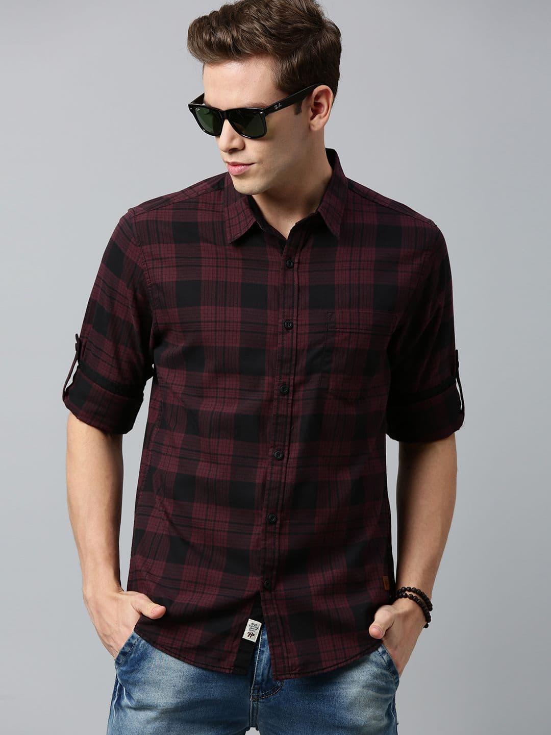 Roadster Men Burgundy & Black Regular Fit Checked Casual Sustainable Shirt - view 1