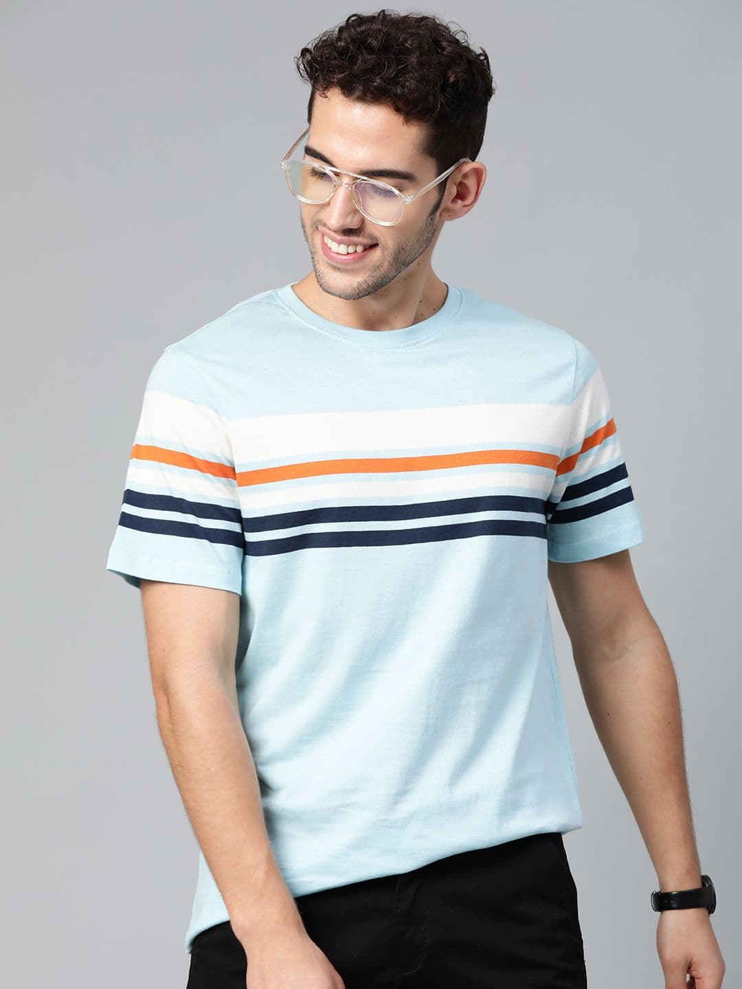 Mast & Harbour Men Blue & White Striped Round Neck T-shirt - view 1