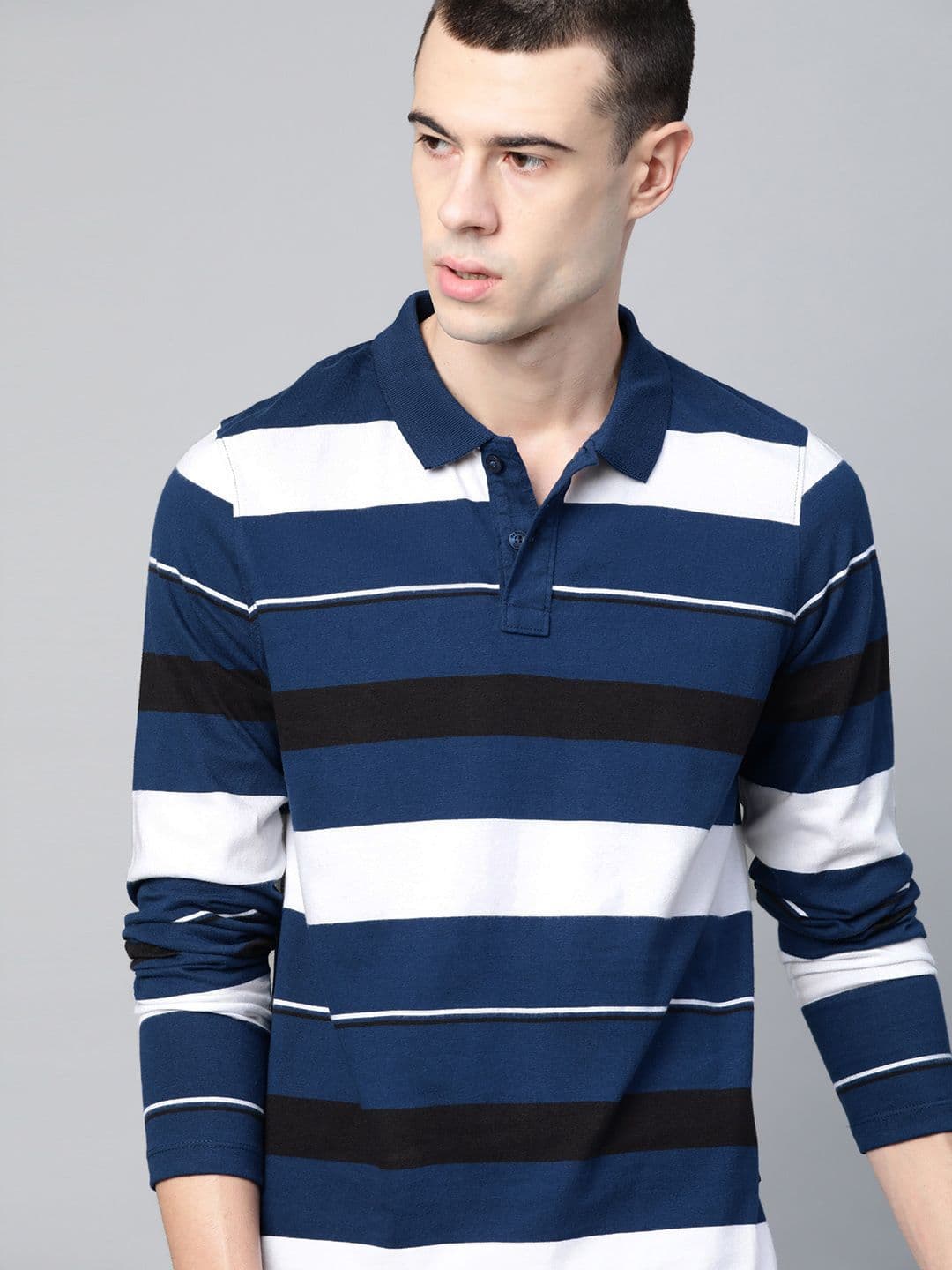 Roadster Men Blue & White Striped Polo Collar T-shirt - view 1