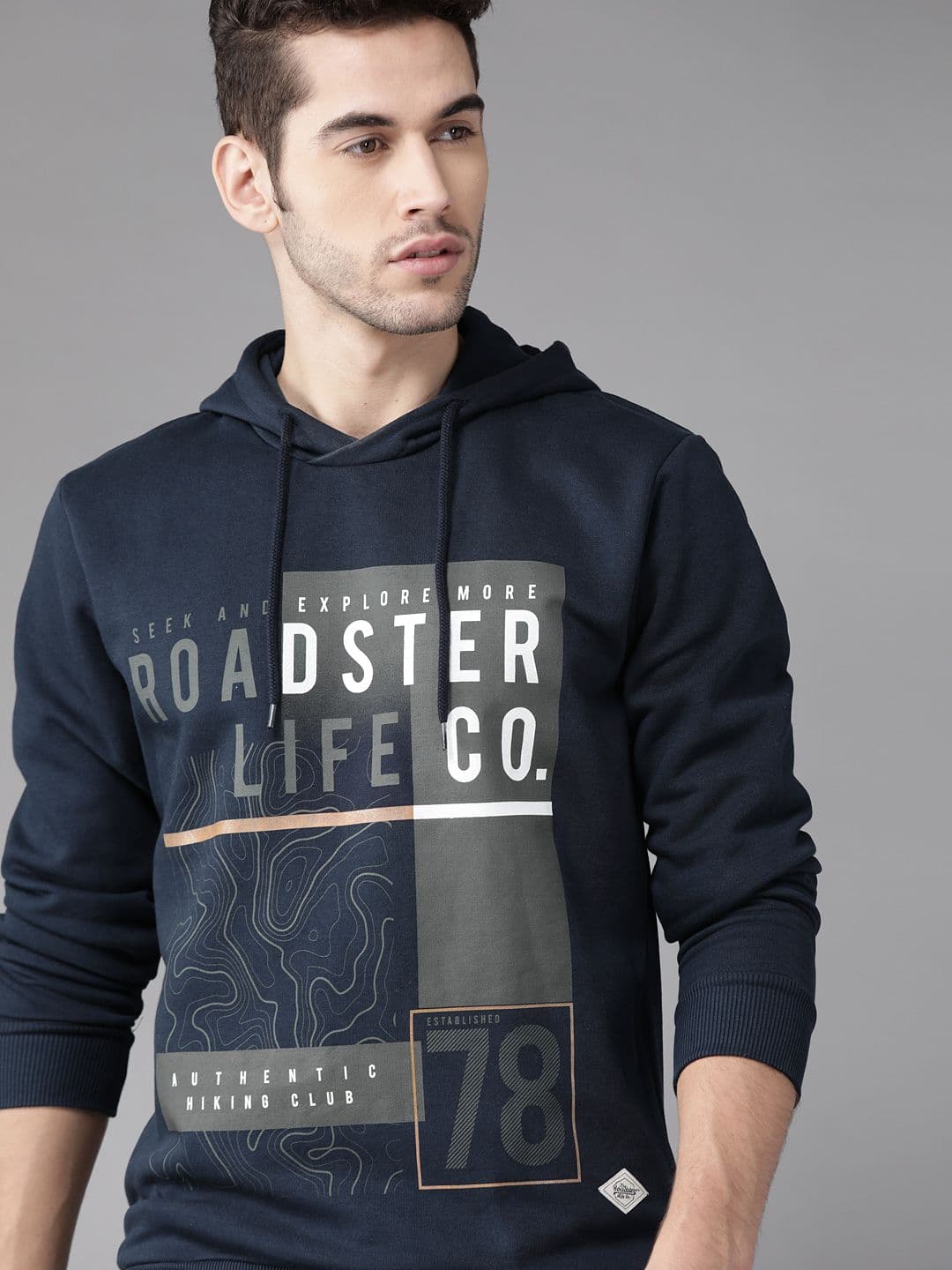 Roadster Men Navy Blue & Charcoal Grey Printed Hooded Sweatshirt - view 1
